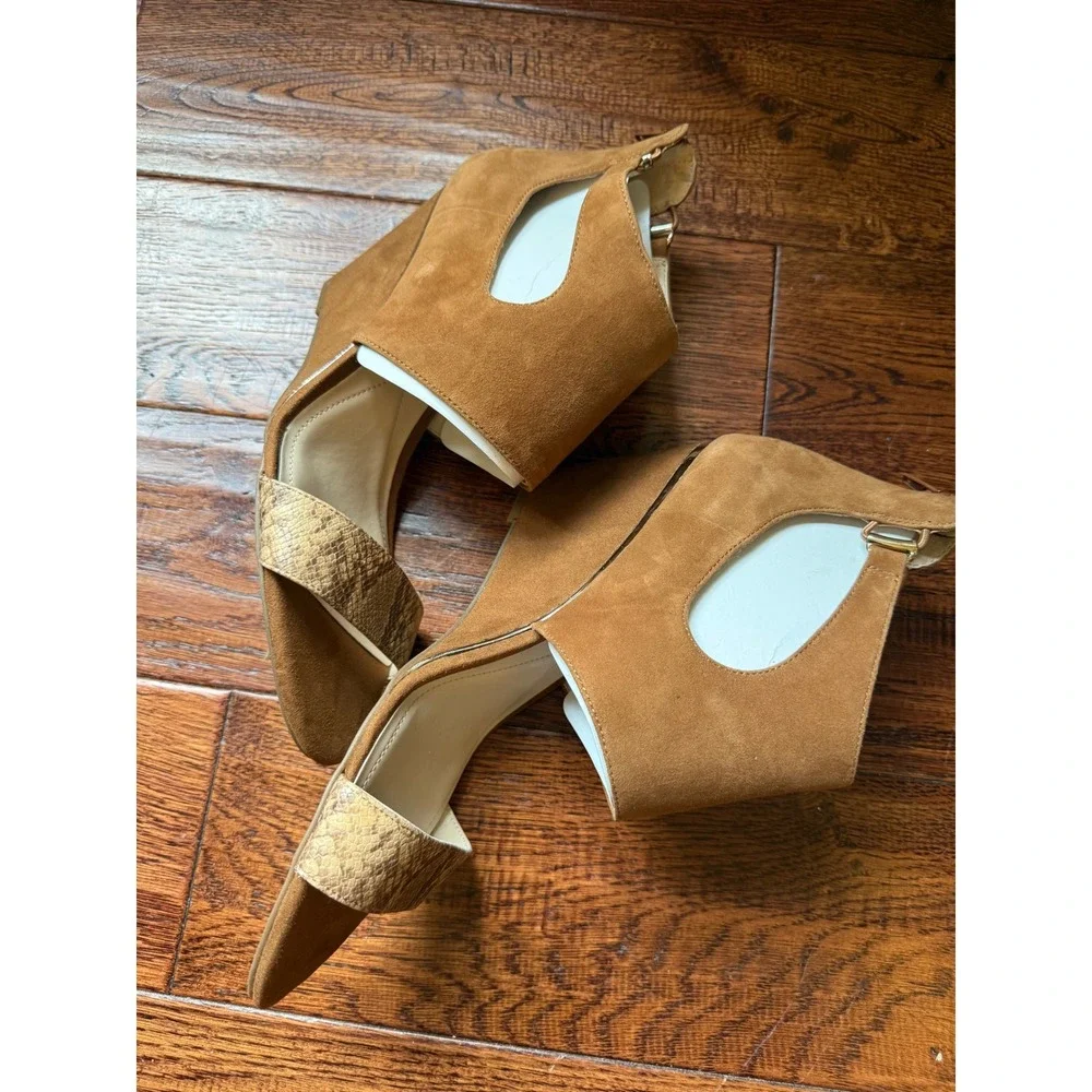 Alfani Giah Tan Suede Snakeskin Wedge Sandals Ankle Wrap Brown Womens 11M F39382